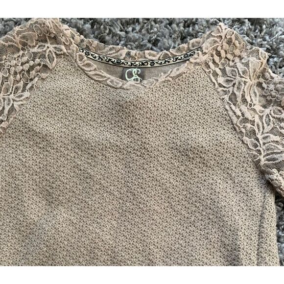 One September ANTHROPOLOGIE Rosanella Tan Pleated Lace Knit Tunic Top sz XS - Picture 5 of 7